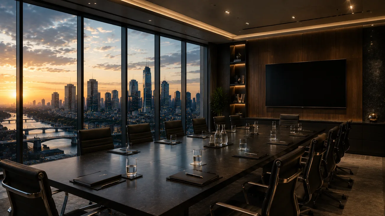 Quantum Horizon leadership boardroom overlooking the city skyline