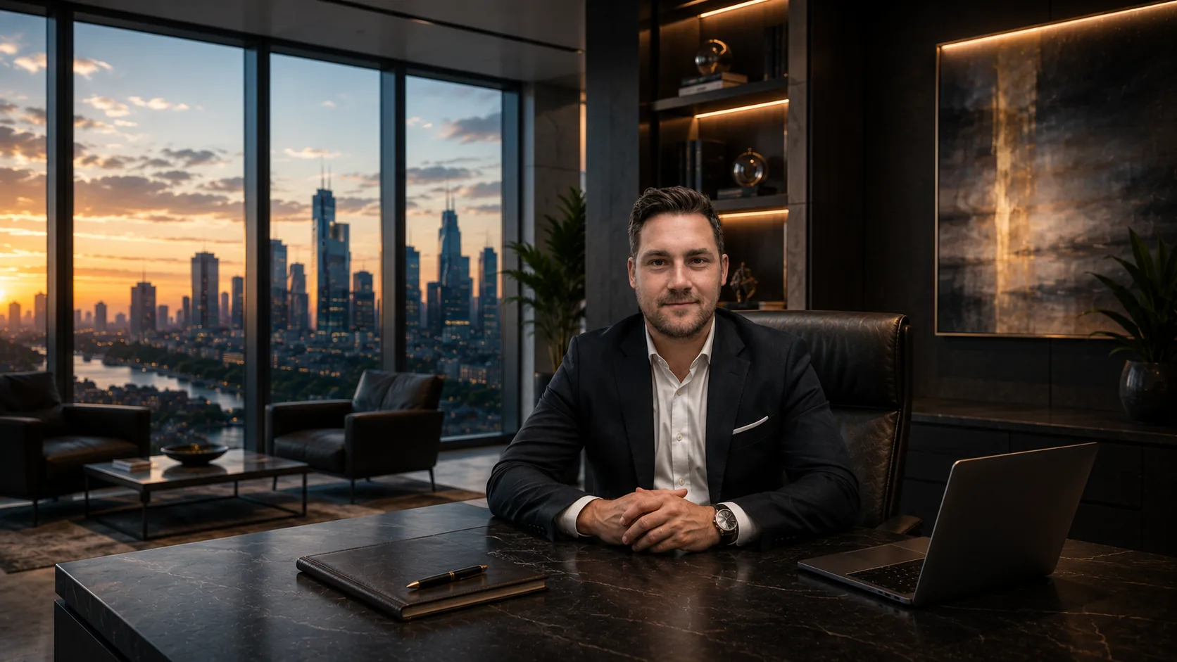 Quantum Horizon Enterprises leadership overlooking the city skyline